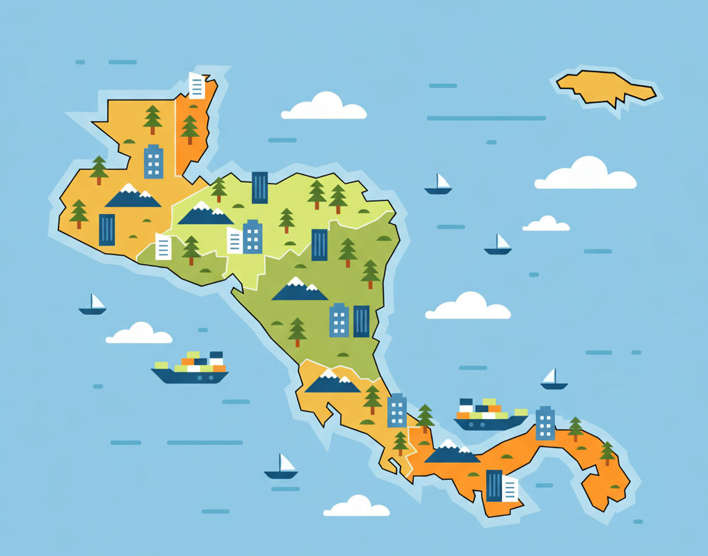 Mapa de Centroamérica con reconocimientos mutuos de registros sanitarios - Expansión comercial regional Guatemala El Salvador Honduras Nicaragua Costa Rica